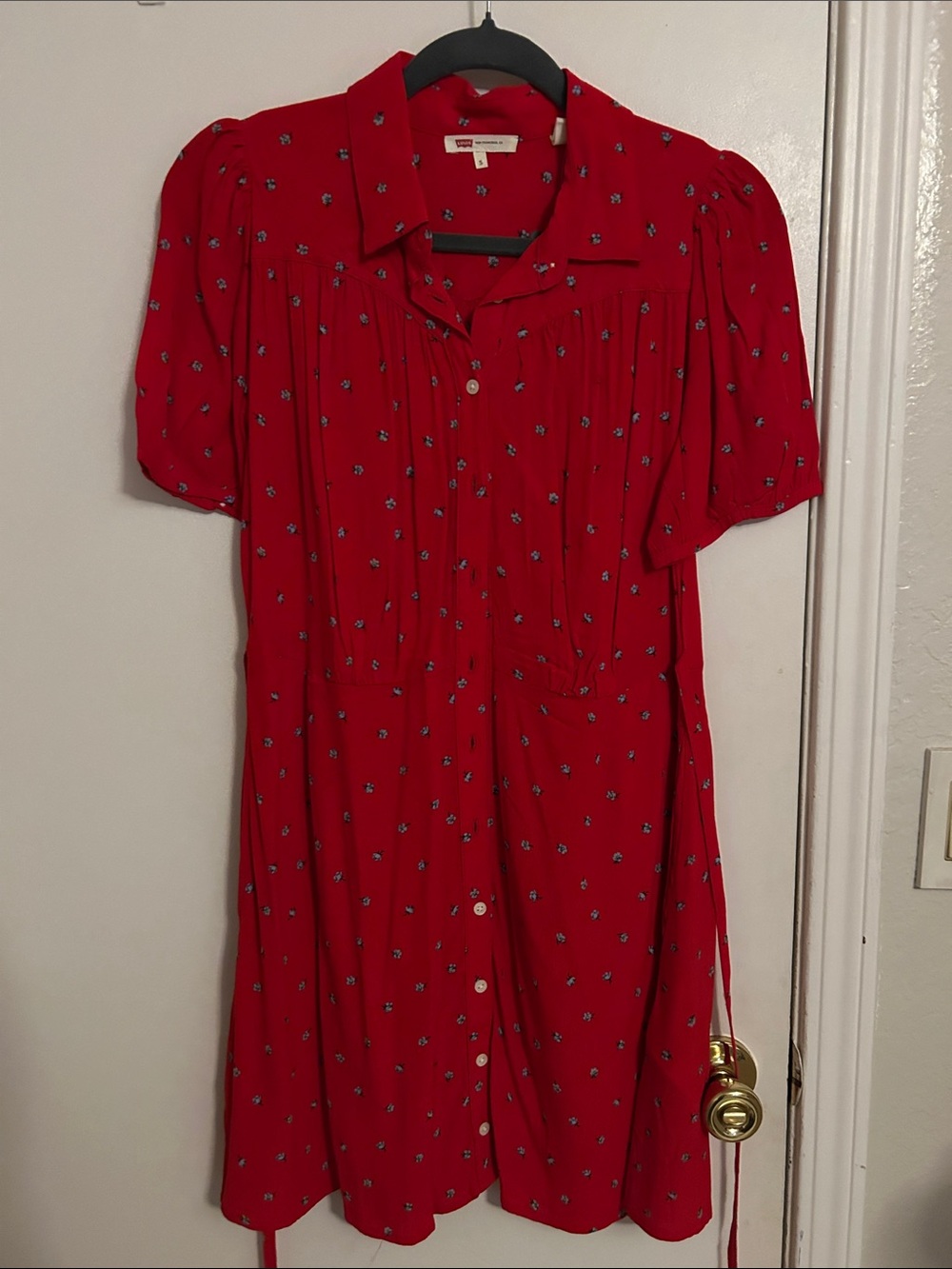 Levi's Red Short-Sleeve Button-Front Mini Dress with Tiny Floral Print